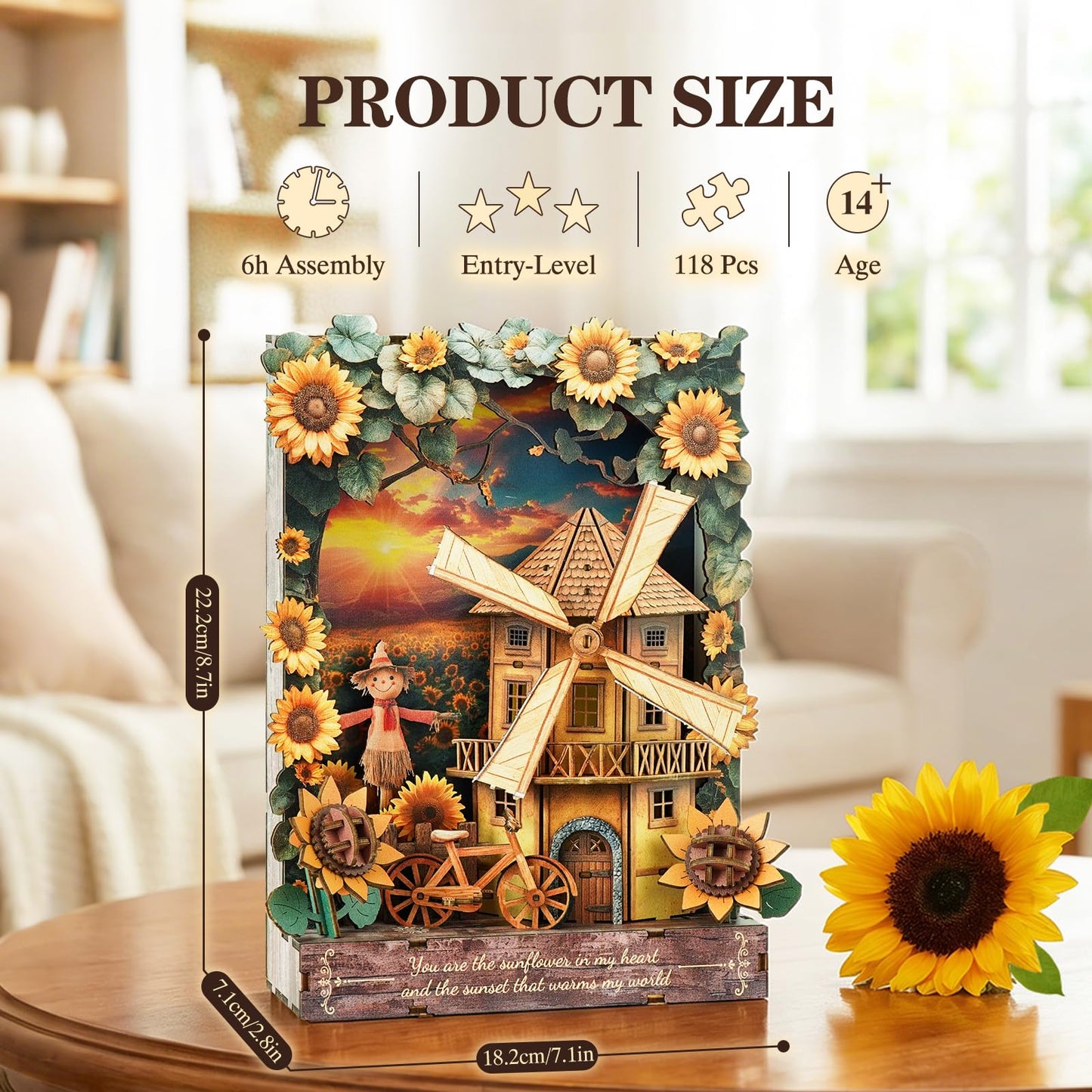 Cutywood 3D Wooden Puzzles for Adults - Sunflower DIY Kits for Adults with LED Light, Desk Decor 3D Wall Art Model Kits for Adult Gift for Nature Enthusiasts