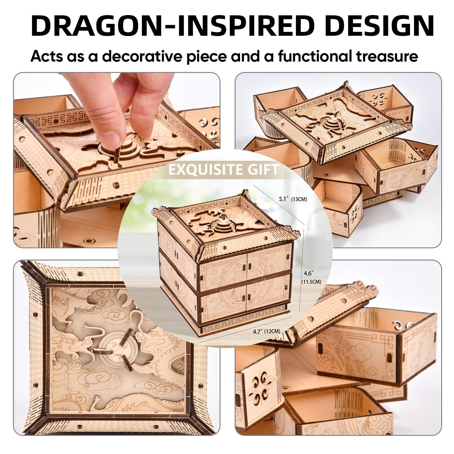 3D Wooden Puzzle Mechanical Treasure Box of Dragon, DIY Model Kits and 3D Puzzles for Adults, Unique Wooden Puzzle for Adults, Hobbies Projects Adult Building Sets Gift for Women and Kids