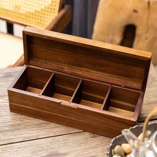 Acacia Wooden Tea Bag Organizers, Tea packet Storage Boxes, Tea Caddy for Tea Bags Chest, Teabag Holder Containers, Teabox Station Display, Organizador De Tes Caja Para Te, 4 Compartments