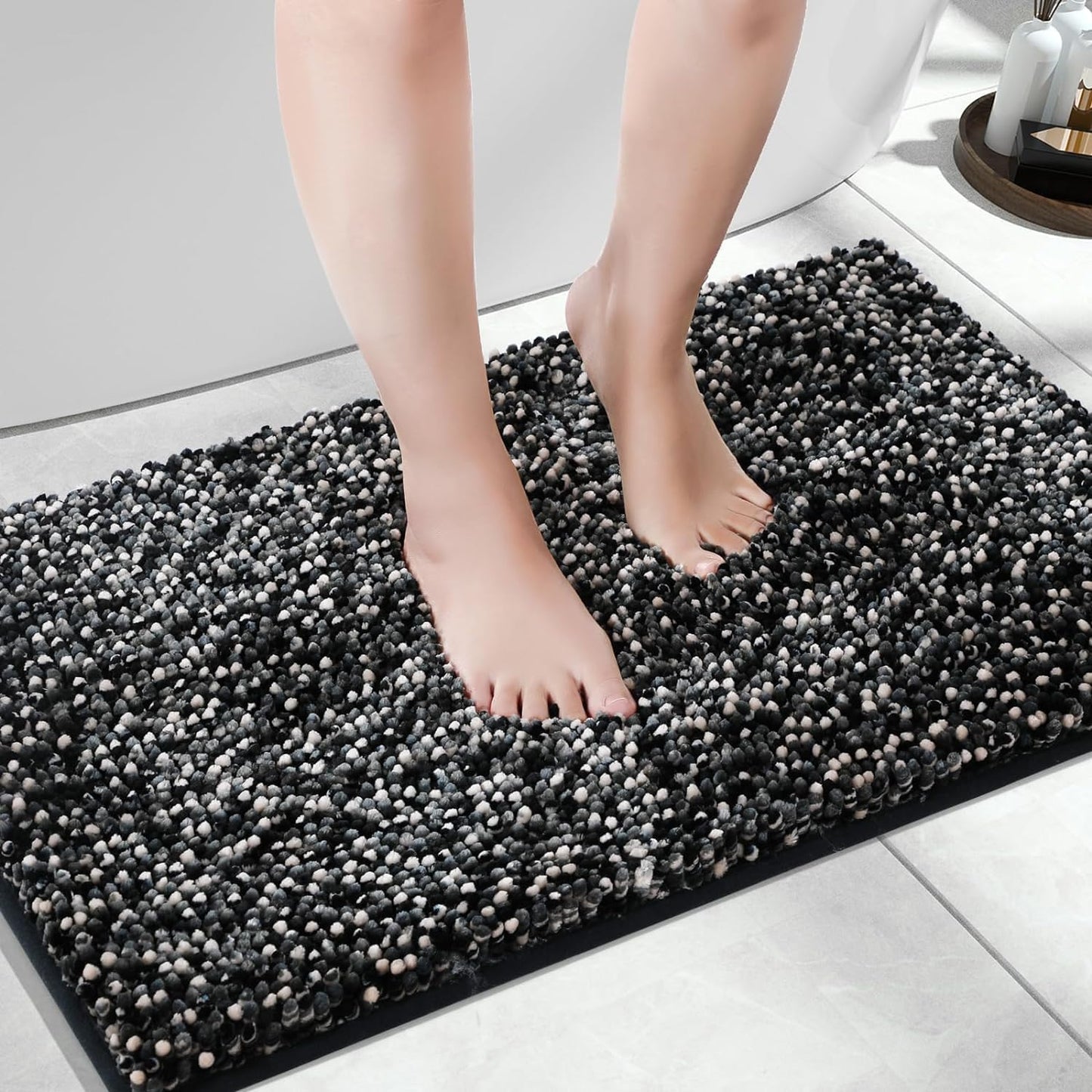 Yimobra Bath Mats for Bathroom Non Slip, 28x17.5, Extra Soft Chenille Bathroom Rugs, Fluffy Plush Luxury Shower Mat Outside, Water Absorbent, Machine Washable, Black & Dark Grey