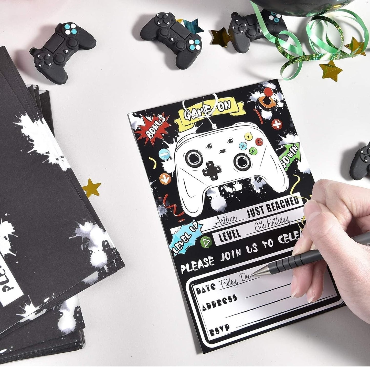 WERNNSAI Watercolor Video Game Party Invites - 20 Set Fill-in Invitations with Envelopes for Boys Game Theme Birthday Party Supplies Double-Sided Printed Invitation Cards