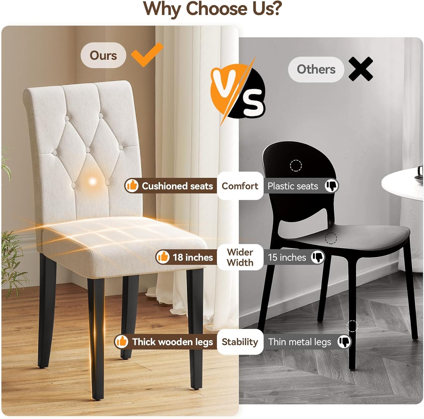 Upholstered Dining Chairs Set of 6, Button Tufted Parsons Dining Chair with Solid Wood Legs, Modern Fabric Side Chair for Dining Room/Kitchen/Restaurant/Hotel- White