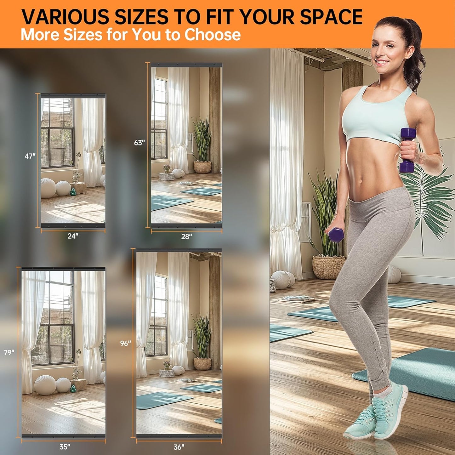 Hasipu 3 Pcs 48''x24'' Home Gym Mirror Large Full Length Wall Mounted Full Body Mirror for Yoga Dance Fitness Exercise Studio Bedroom Garage, Frameless Tempered Glass Workout Mirrors Black Rectangular
