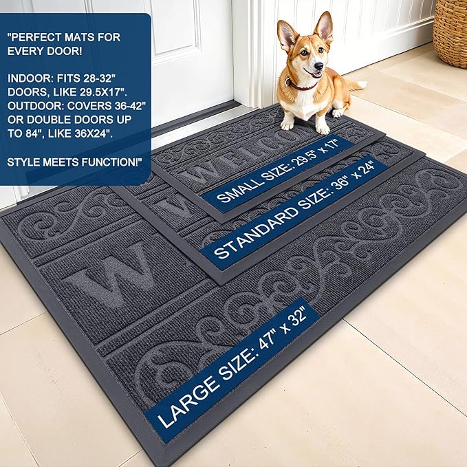OLANLY Welcome Door Mat Indoor Outdoor Entrance, Heavy Duty Sturdy Front Door Mat, Waterproof All-Weather Doormat, Stain Resistant, Low Profile, Easy Clean Patio Entryway Mat, 36 x 24, Medium Grey