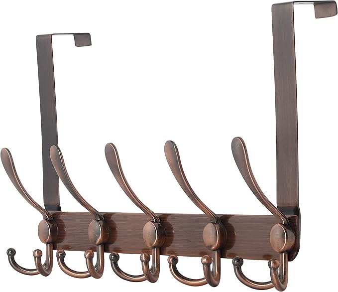 Dseap Over The Door Hook Hanger - 5 Tri Hooks, Heavy Duty Over The Door Towel Rack Coat Rack for Clothes Hat Towel,Red Antique Copper