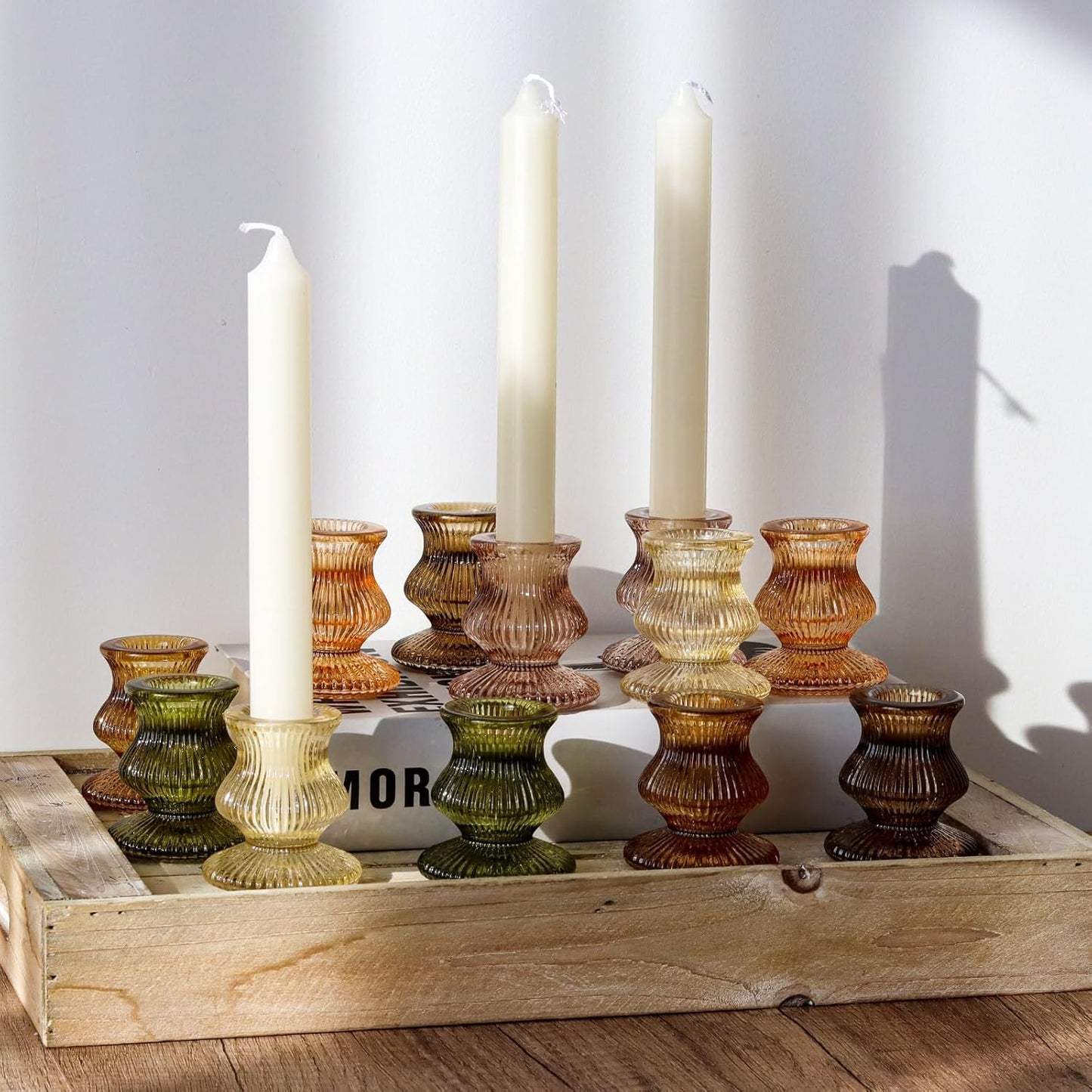 WDHODEC Glass Candlestick Holders 12PCS Taper Candle Holders for Table Centerpiece Vintage Colorful Candle Sticks for Wedding, Party and Birthday Table Decoration(Brown)