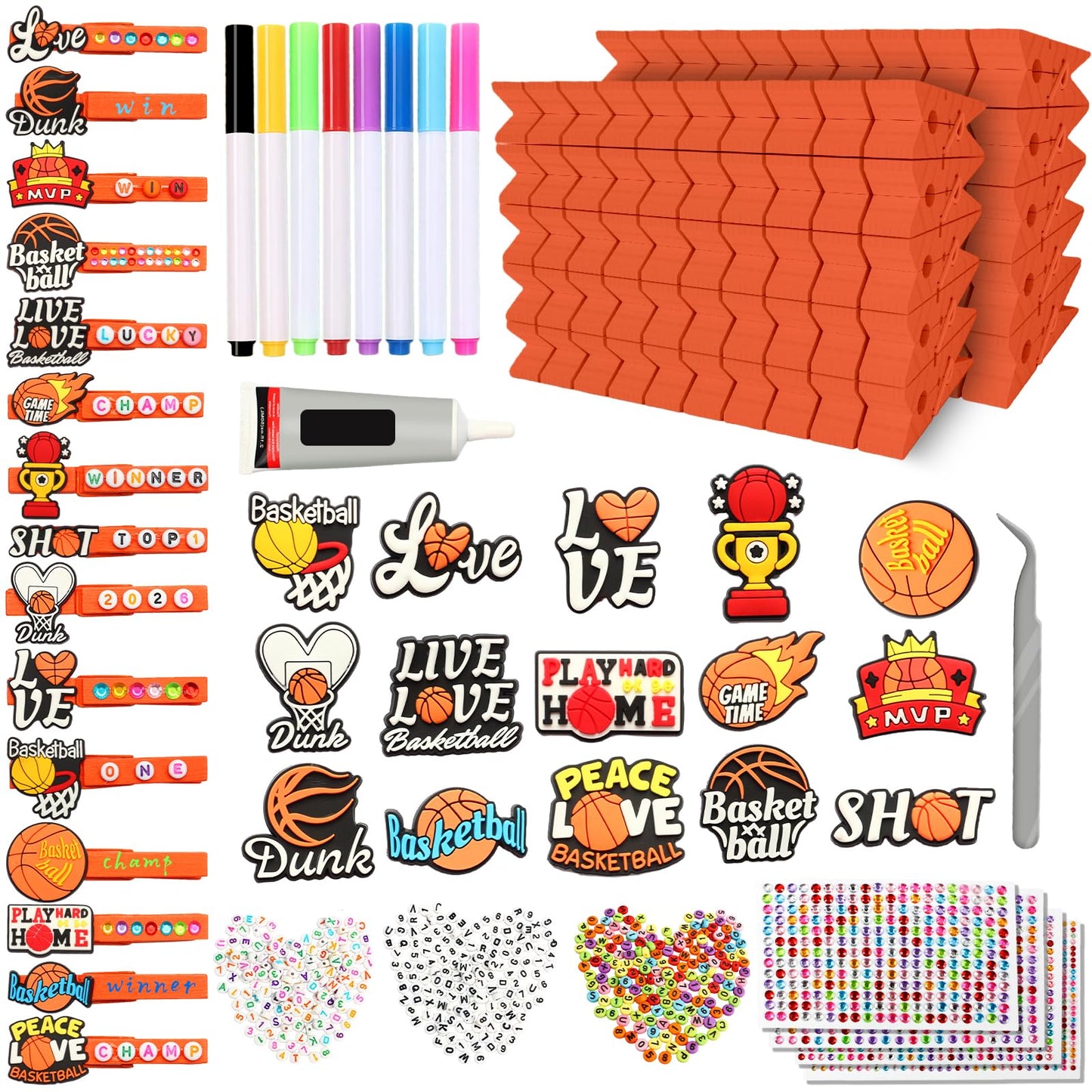 Bumaeu 100 Set Cheer Pin Kit Spirit Clips Includes Wooden Clothes Pins Mini Basketball Patch Beads and Rhinestone Stickers for Basketball Cheer Gifts Backpacks Ribbon Decorations Bulk Team Gifts
