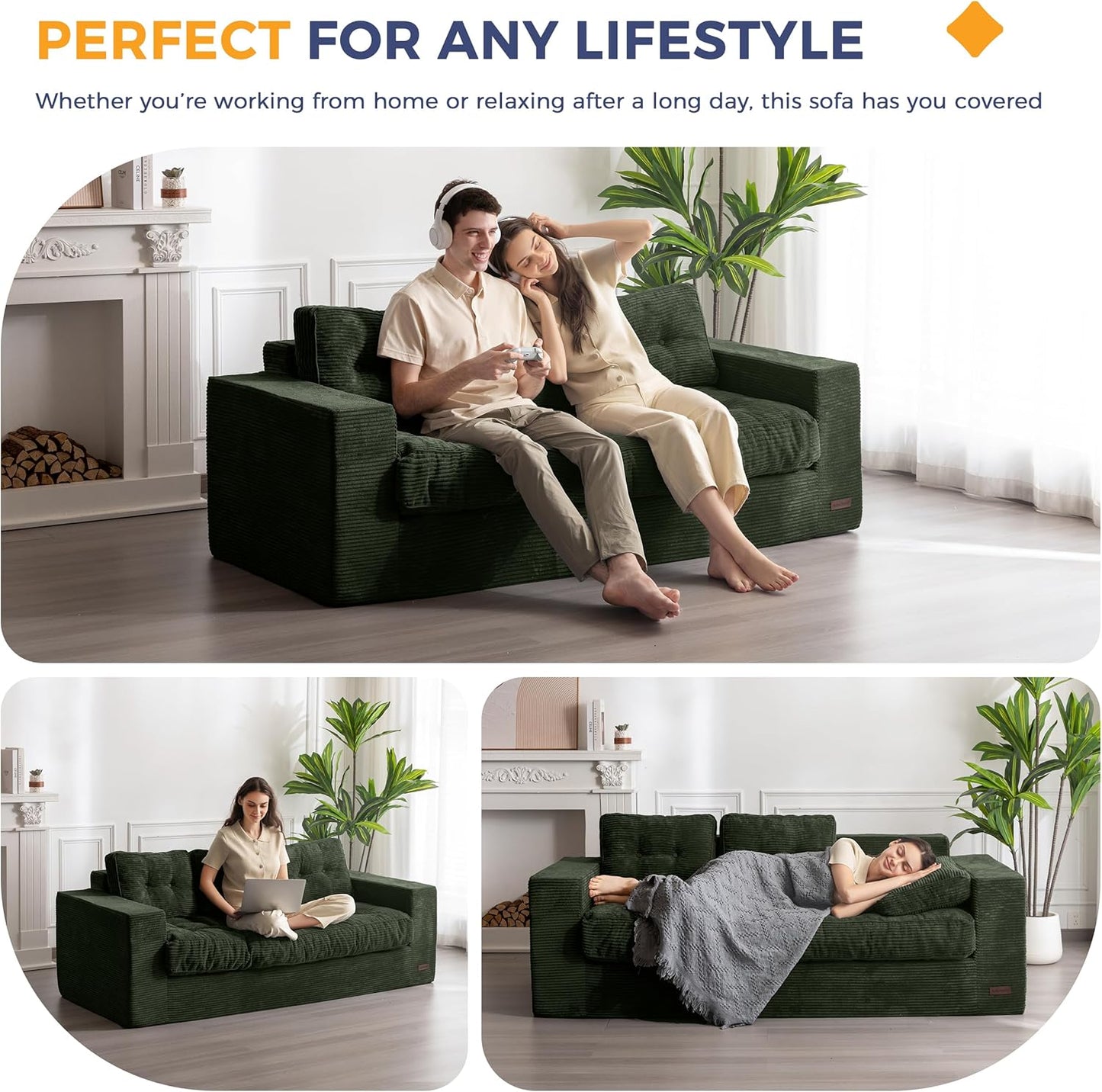 MAXYOYO 3 Seater Couch for Living Room, Boneless Couch with Tufted Cushion & Backrest, Upholstered Floor Sofa with Armrests, Sofa in A Box, No Assembly Required, Green