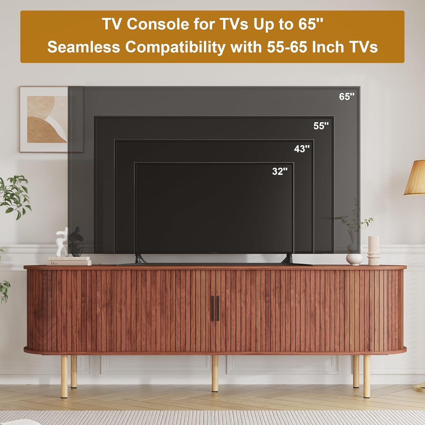 GarveeHome 70.1" TV Stand, Modern TV Console Table with Storage Compartment and Sliding Door, Gaming Entertainment Center with Cabinet for Living Room, Bedroom, Office, Walnut