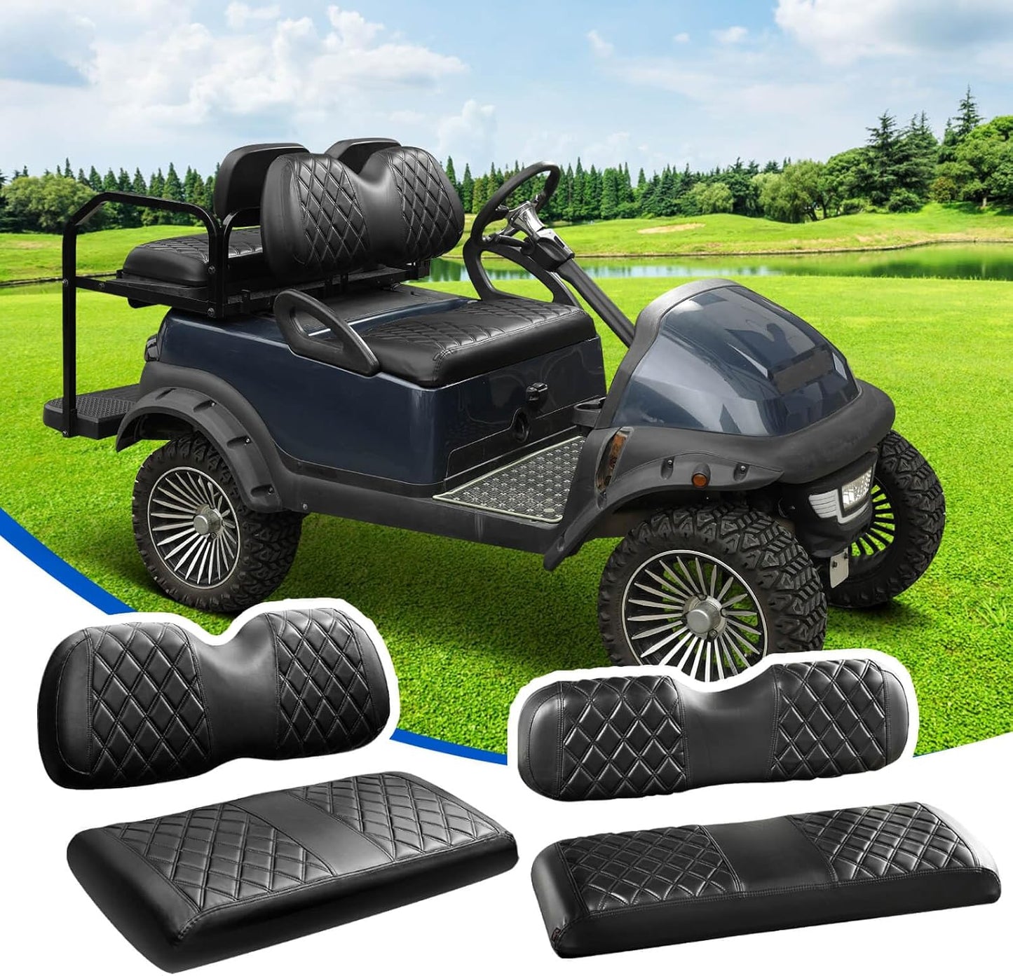 NOKINS 4PCS Golf Cart Seat Covers Kit, Front and Rear Seat Covers Fits Club Car Precedent Standard Seat Cushion, Club Car Vinyl Seat Covers Accessories, No Staples(Black&Black Stitch)
