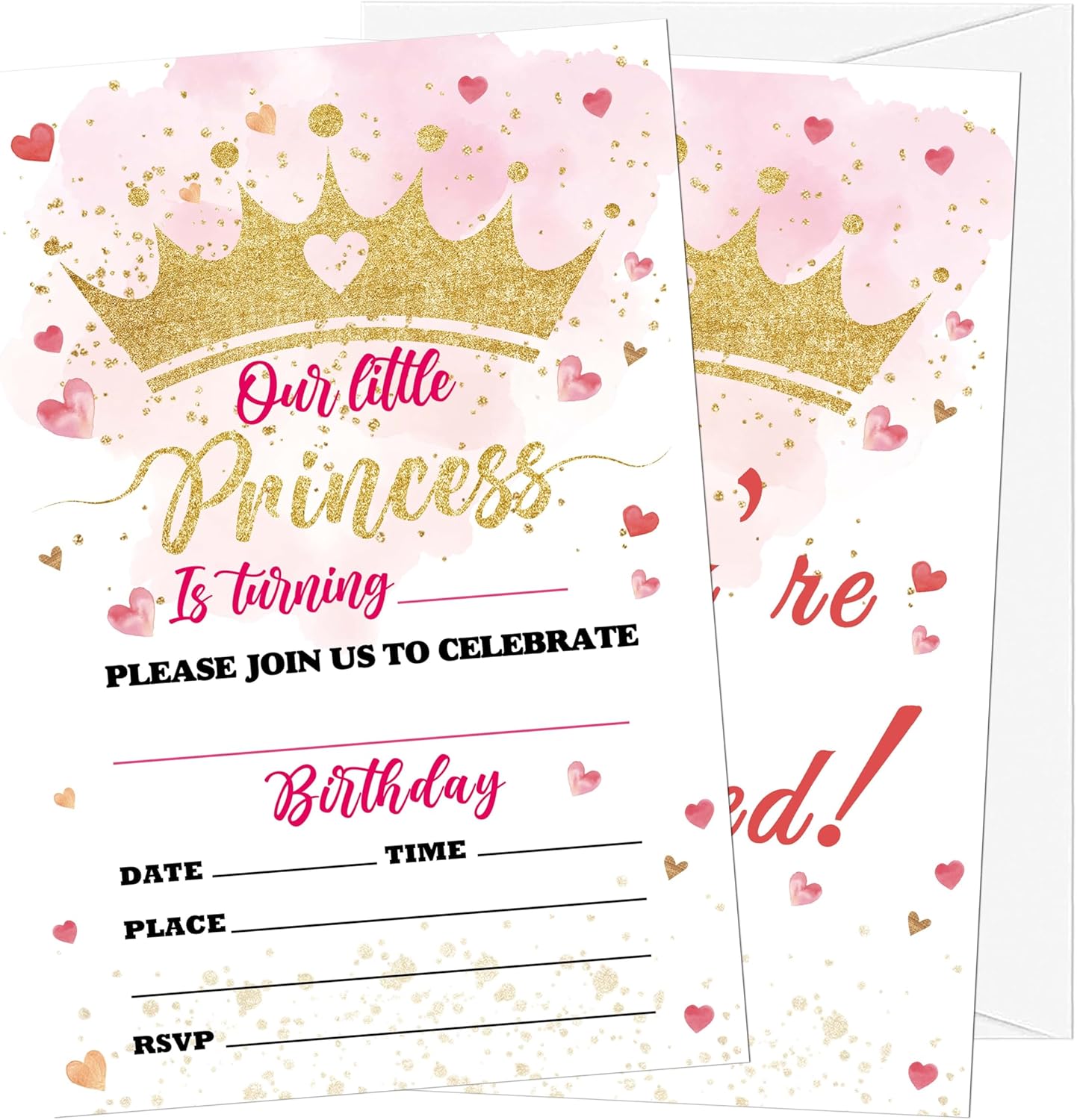 Princess Birthday Invitations, 20 Invitation Cards with Envelopes, Lovely Heart Invites for Girl Party Decorations Favor Supplies - A07