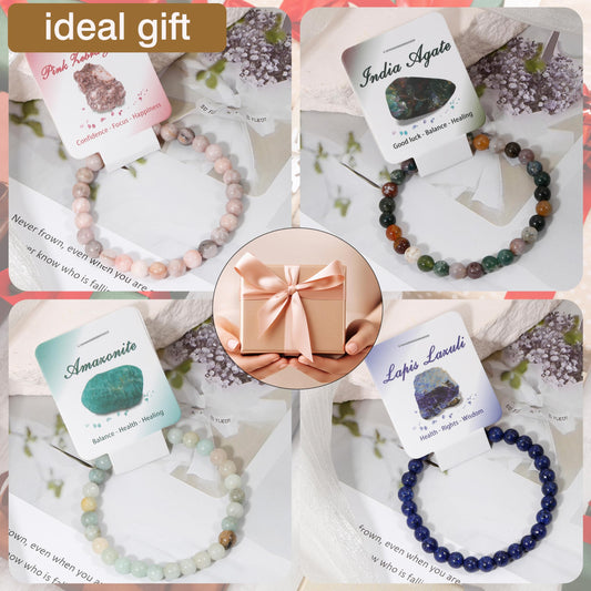BOMAIL 9pcs Healing Stone Bead Bracelet for Women 6mm Natural Stone Beaded Bracelets Set Gemstones Spiritual Crystal Beads Stretch Bracelets with Meaning Card A Style