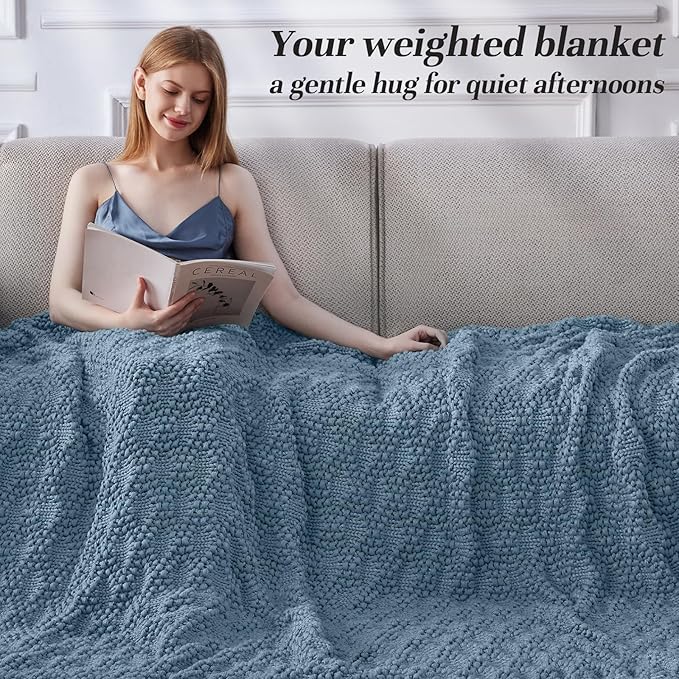 Knitted Weighted Blanket for Adult, Chunky Knit Weighted Throw for Sleep 60"*80" 20lbs, Cooling Breathable Machine Washable Heavy Blanket for Room Decor (HazeBlue, Queen)