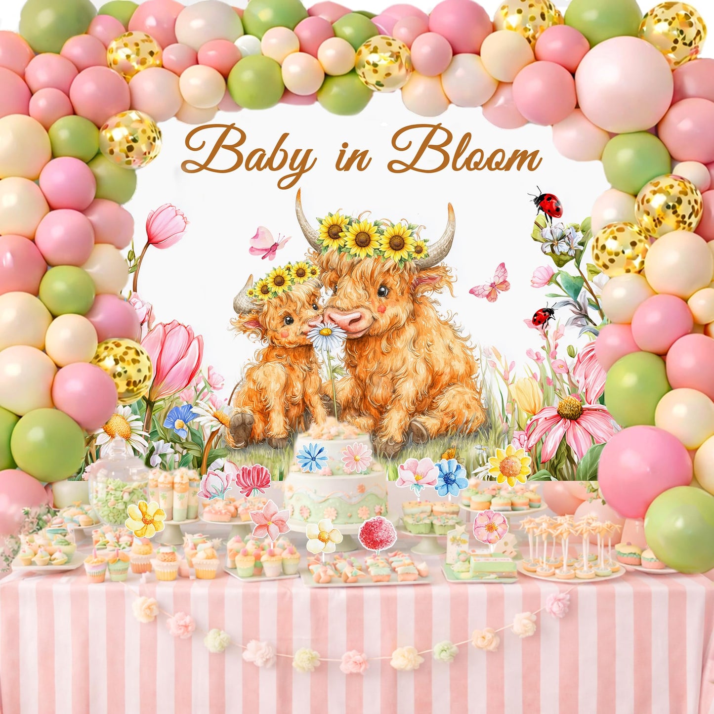 Baby in Bloom Baby Shower Decorations Kit 130PCS for Girl, Highland Cow Floral Baby Shower Decor, Pink Baby Shower with Balloon Garland Arch, Backdrop Banner, Cake Topper, Mom to Be & Dad to Be Sash
