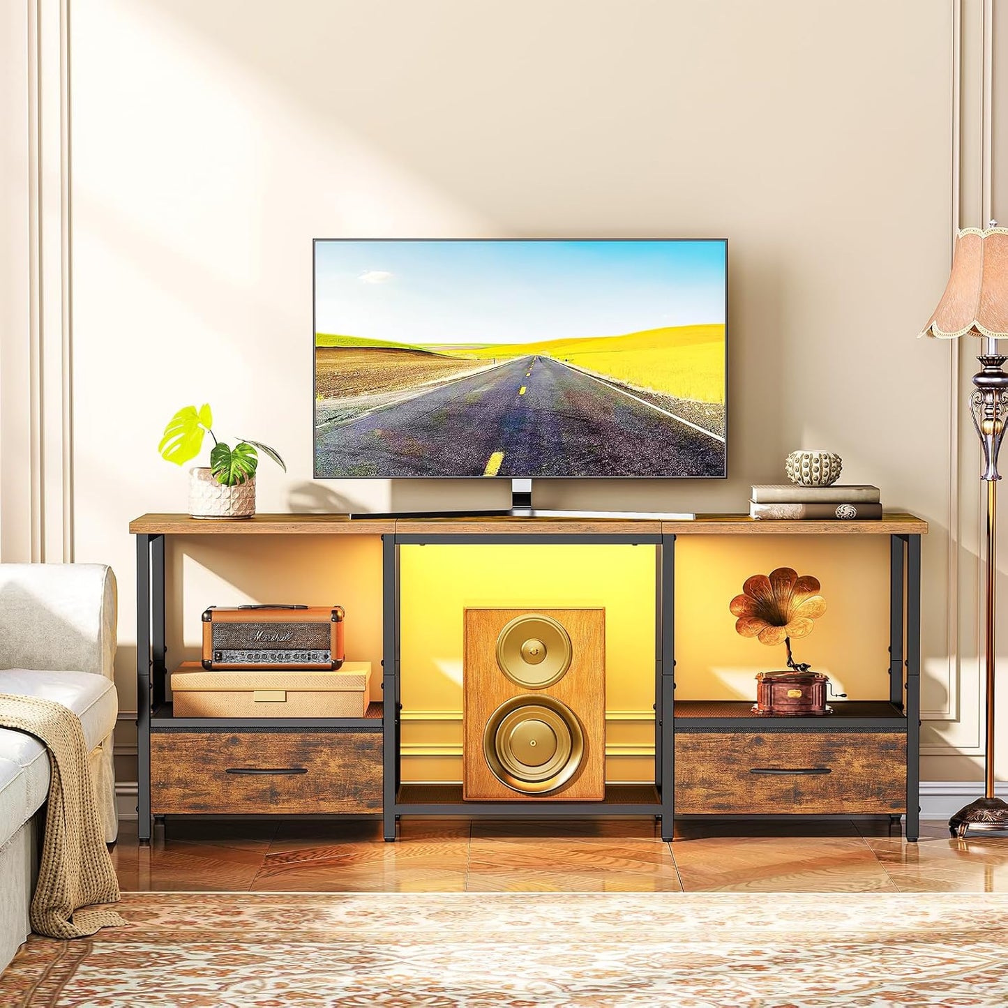 HOOBRO LED TV Stand with Storage, LED Entertainment Center with Open Shelves and Drawer, Fits TVs up to 55", Television Stand for Living Room, Bedroom, Rustic Brown and Black BF123DDS01