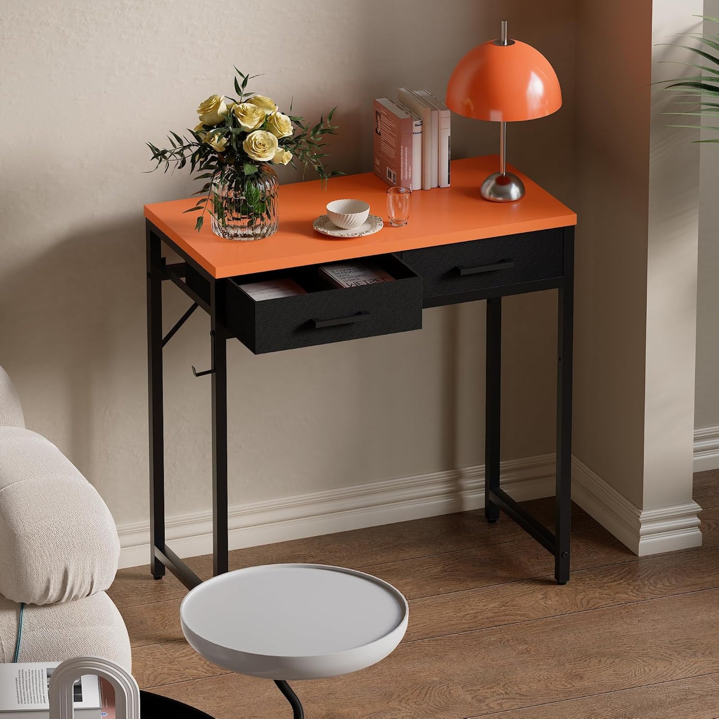 Pamray 32 Inch Small Computer Desk with 2 Drawers for Bedroom Study Writing Home Office Table for Small Spaces Orange