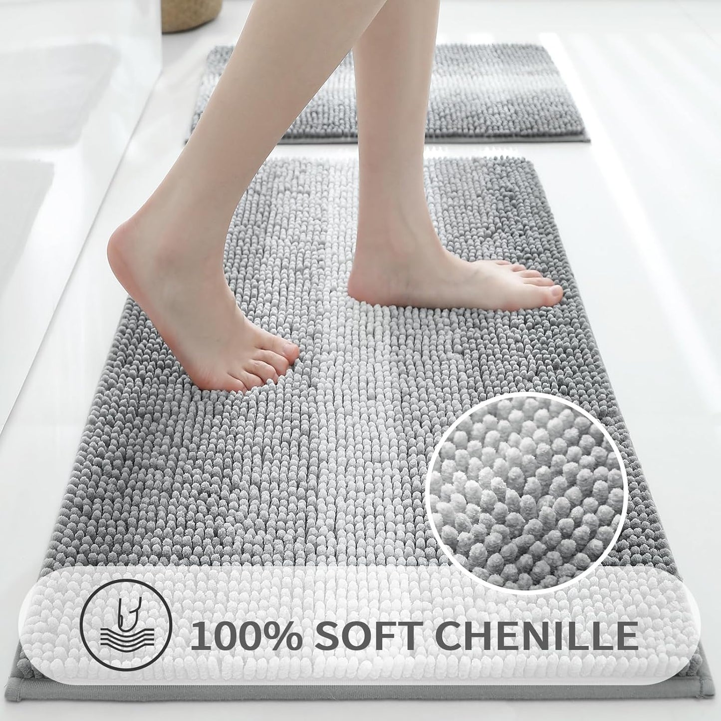 Gibelle Grey Bathroom Rugs, Luxury Chenille Bath Mat, Small Non Slip Shower Rug and Bath Room Floor Mats, Machine Washable, Quick Dry Bathmat, Soft Cozy Plush Rug for Tub, 16" x 24"