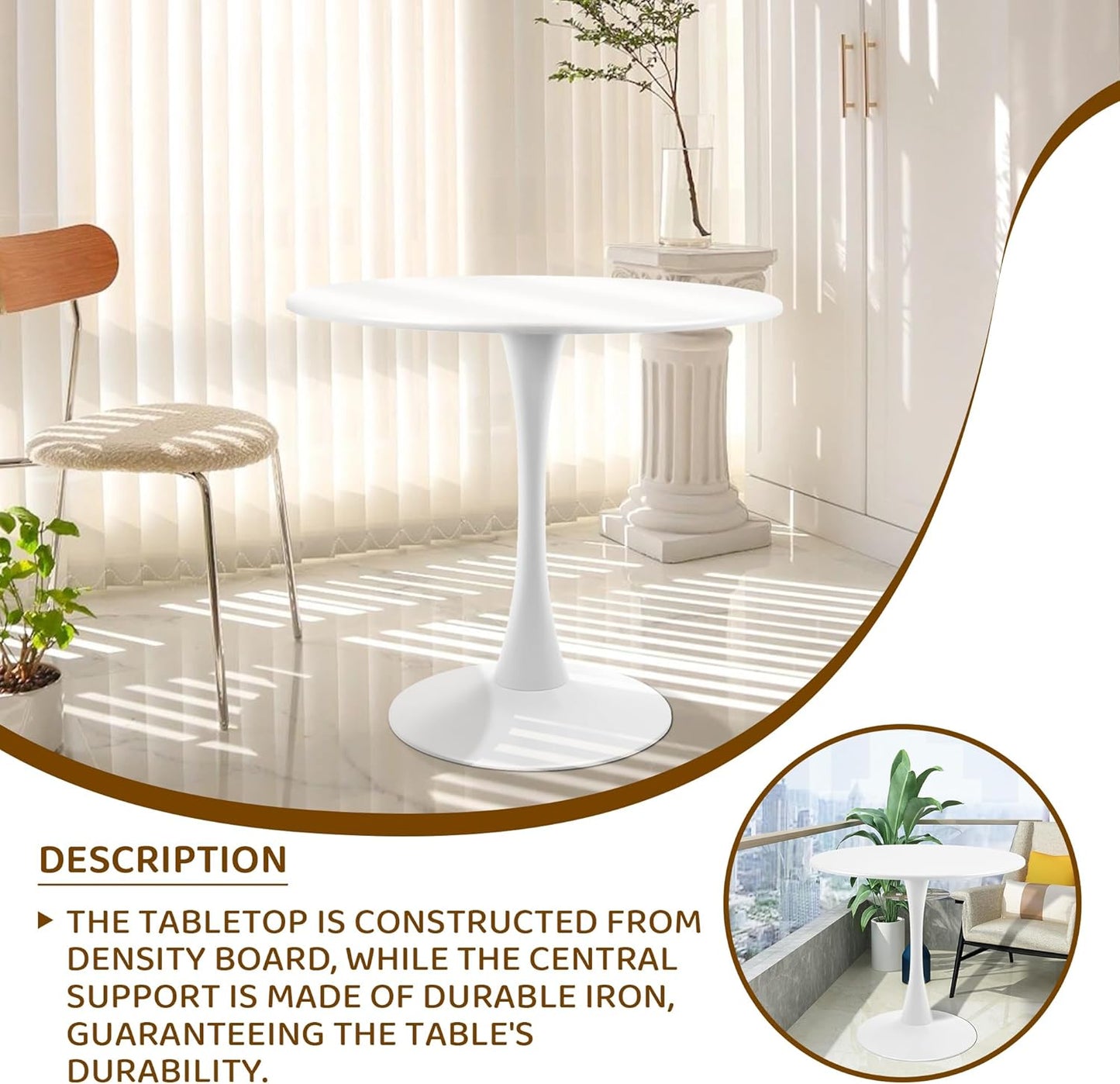 Round White Dining Table Modern Kitchen Table with Pedestal Base in Tulip Design, Mid-Century Leisure Table for 2 to 4 Person