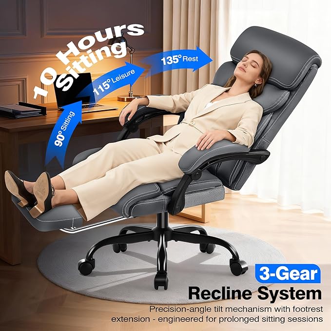 Office Chair - Ergonomic Comfortable High Back Computer Desk Chair with Foot Rest - Executive Breathable Swivel Rolling Reclining Leather Chair with Lumbar Support for Home Gaming Relaxing