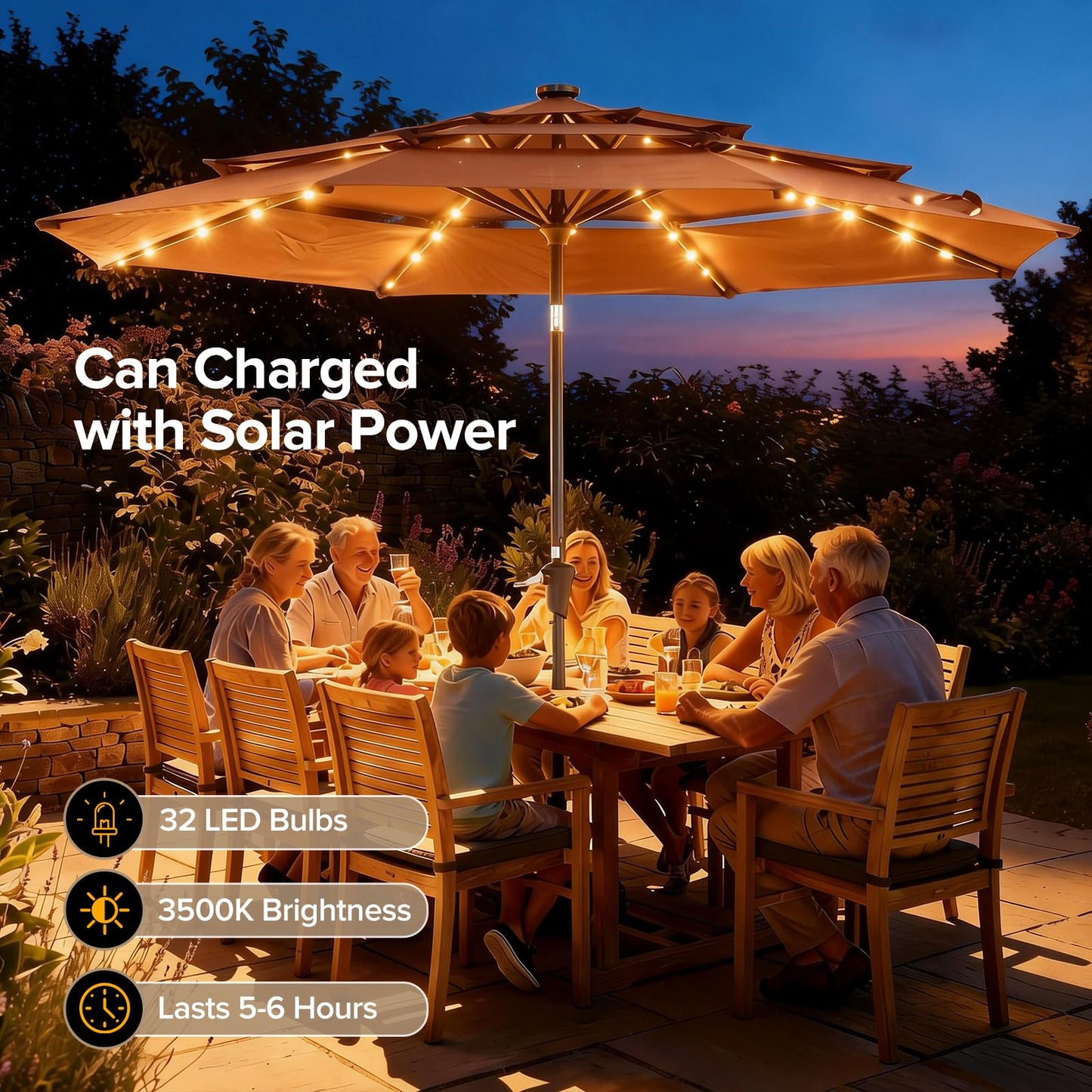NEWBULIG 10FT 3 Tiers Solar LED Lights Patio Umbrella, Outdoor Umbrella Adjustable Angles and Height, UV Resistant, for Day, Night, Shading, Camping, pool and Patio