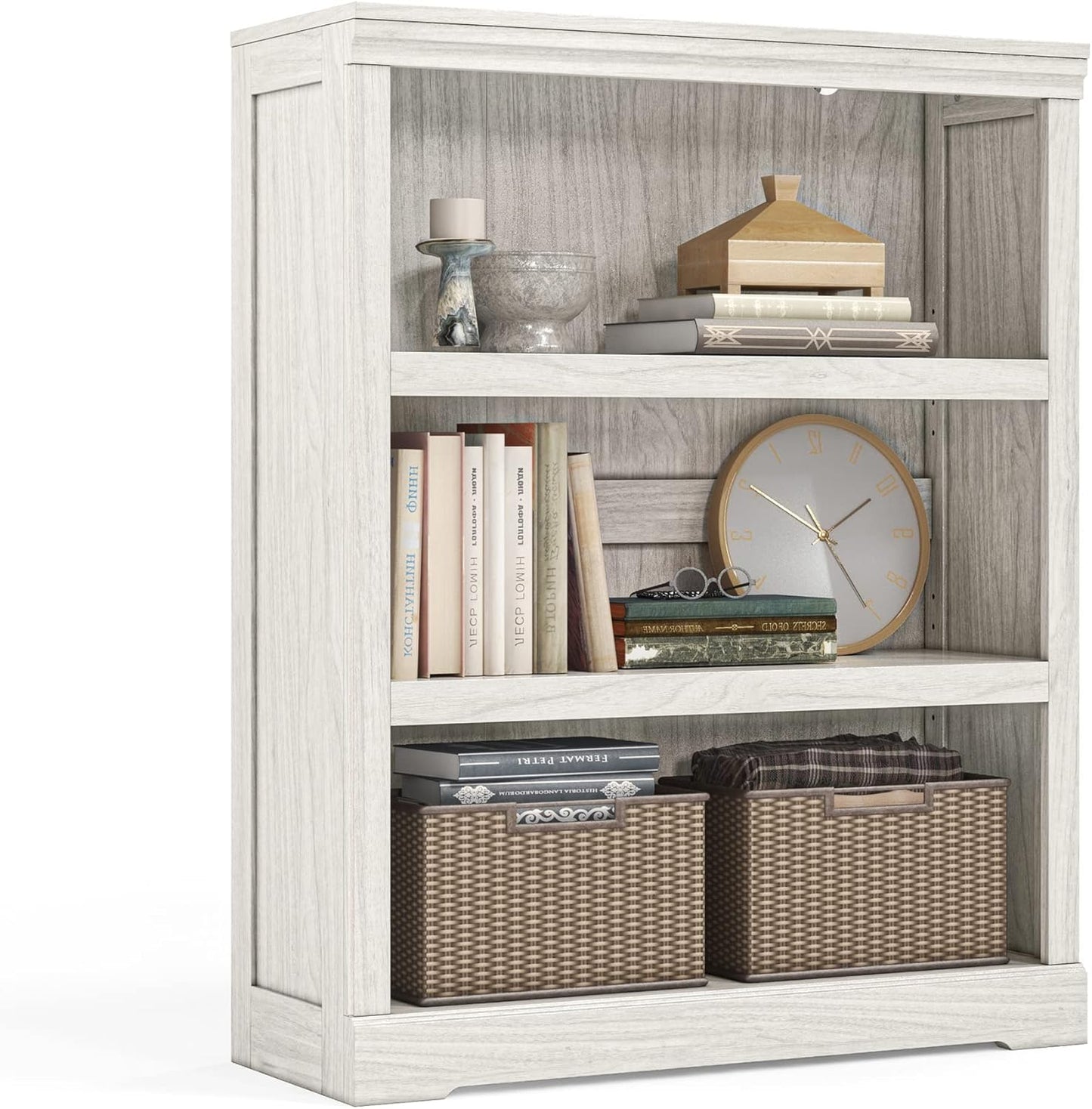 LINSY HOME 3-Tier Bookcase and Bookshelf, Small Wood Display Storage Shelves Farmhouse Bookshelf for Home Office, Living Room, Bed Room - White Oak