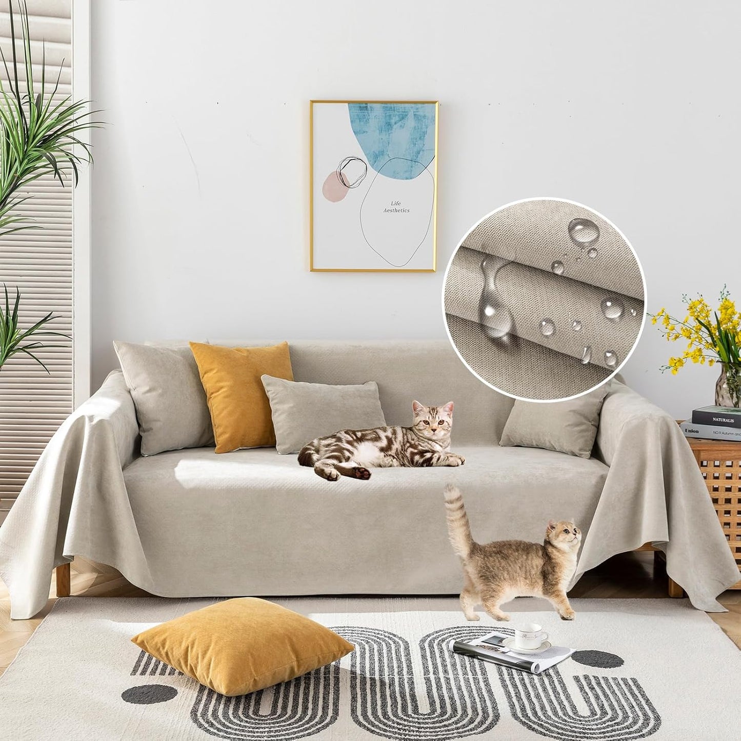 STACYPIK Waterproof Non-Slip Beige Couch Cover for Dogs, Anti-Cat Scratch Sofa Covers for Pets, Non-Slip Couch Covers for 2-3 Cushion Couch, Loveseat for Sectional Sofa, Furniture Protector-71X102IIN