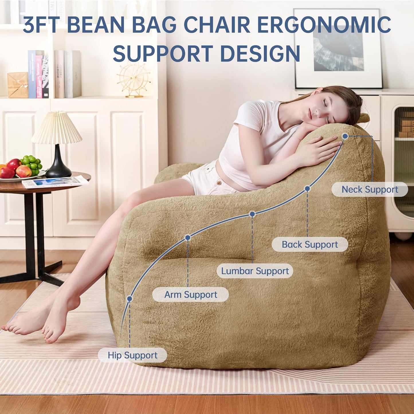 Comfy Chair Bean Bag Chairs for Adults, 3FT Bean Bag Couch Loungers for Teens & Kids, Comfy Memory Foam Bean Bag Chair Filled for Bedroom, Livingroom, Dorm (Khaki)