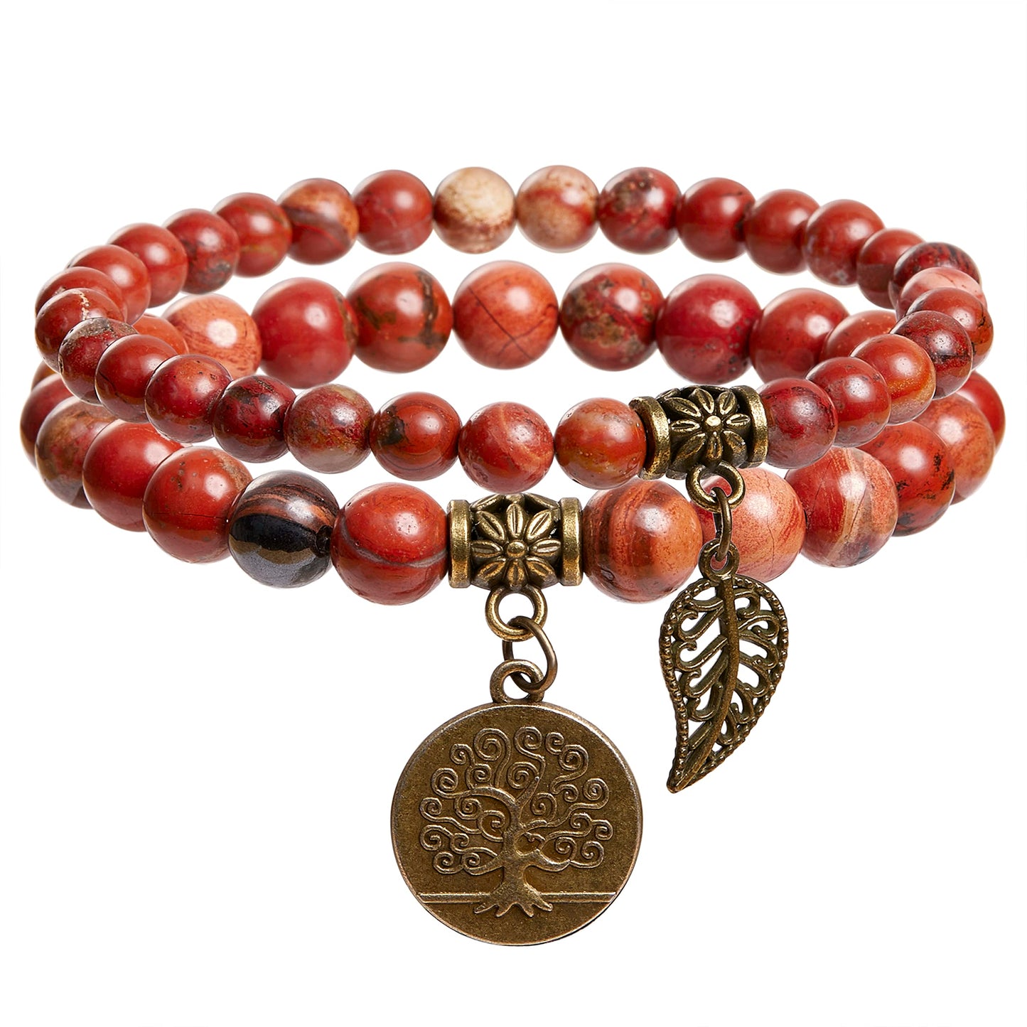 Bivei Red Jasper Beaded Bracelets Root Chakra Natural Crystal Gold Life Tree and Leaf Charm Quartz Energy Bracelet Set Semi-Precious Gemstone Stretch Bracelets for Women Calming Anxiety