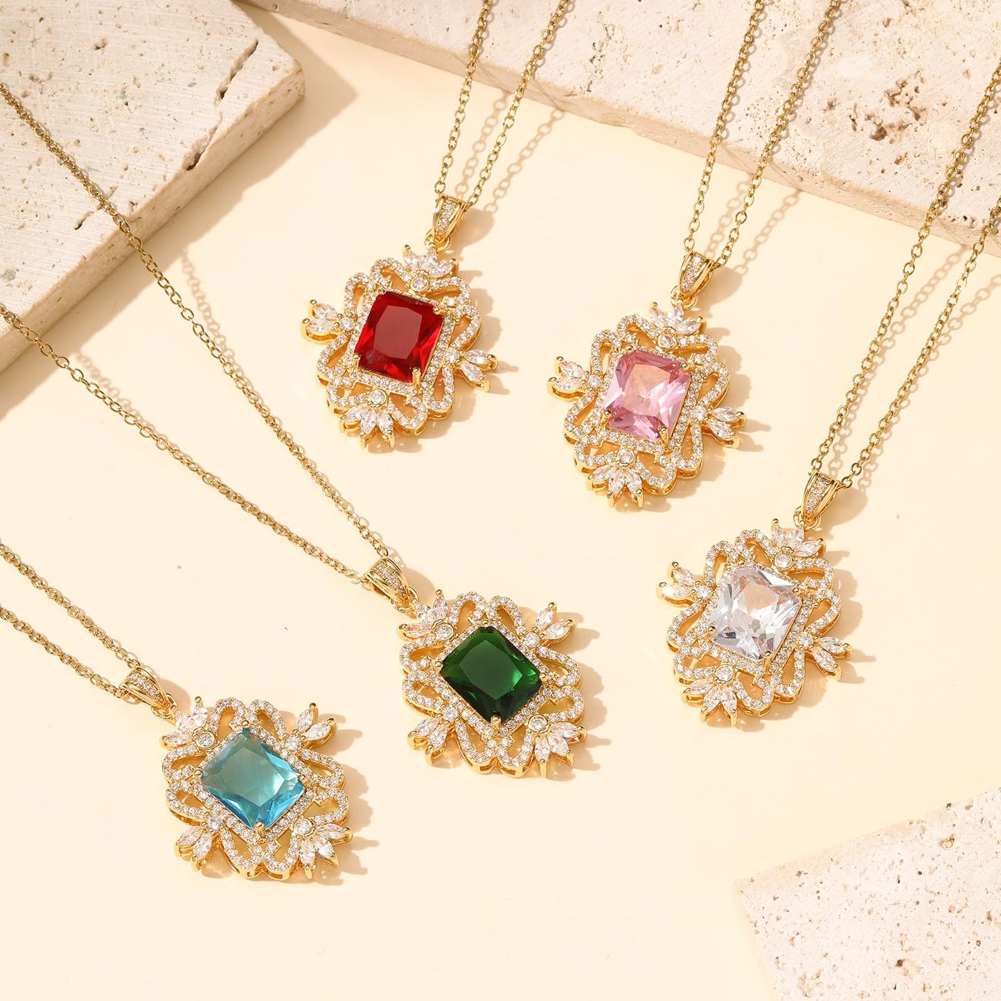 Baroque Square April Birthstone Diamond Necklaces for Women-Gold Plated Imitation Diamond Pendant Waterproof Non Tarnish Maximalist Jewelry For Birthday Valentines Day Mother's Day Christmas Thanksgiving Gifts