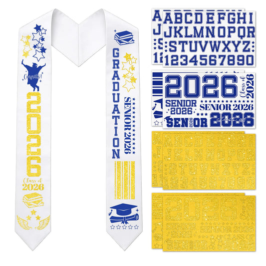 cosmisun Graduation Stole Class of 2026-9 Pcs Graduation Decoration 2026 with Iron on A to Z Letter 0 to 9 Number Patches, Unsex Grad Sash Decor Supplies for High School College (Blue Gold)
