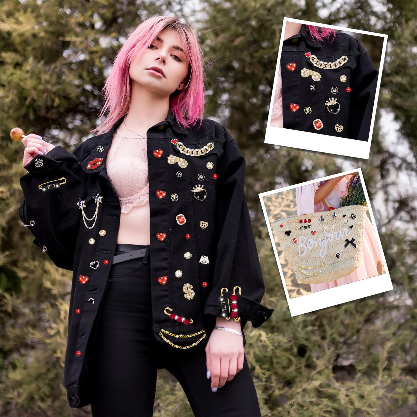 Auliand 137 Pcs Junk Socks Charms Kit, Brooches and Pins for Women, Shoe Charms with Pearl Safety Pins and Brooch Buttons, Teen Girl DIY Accessories for Decorating Socks, Clothes (Black & Red)