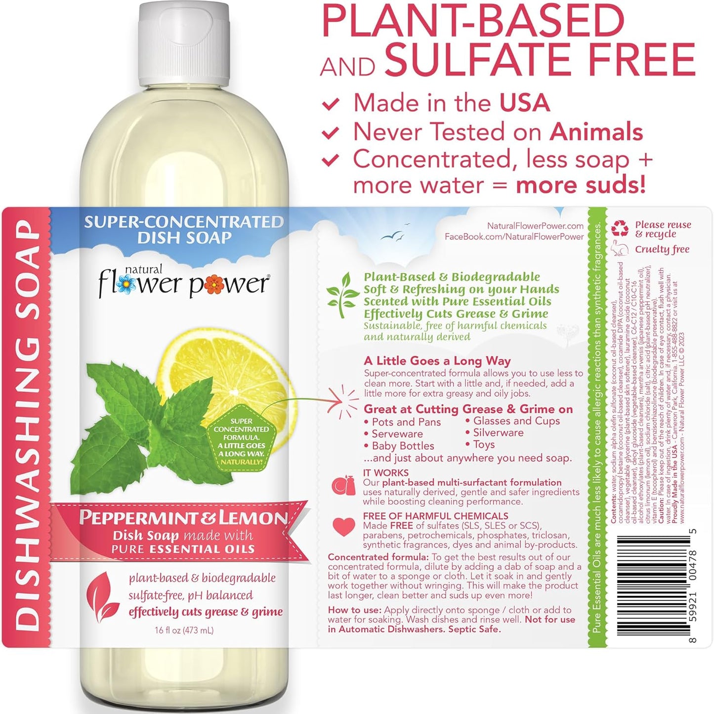 Natural Flower Power - Plant-Derived Dish Soap - Sulfate-Free, Bio-Based, pH-Balanced, Vegan Cleaning Supplies - Peppermint & Lemon - 3 x 16 oz
