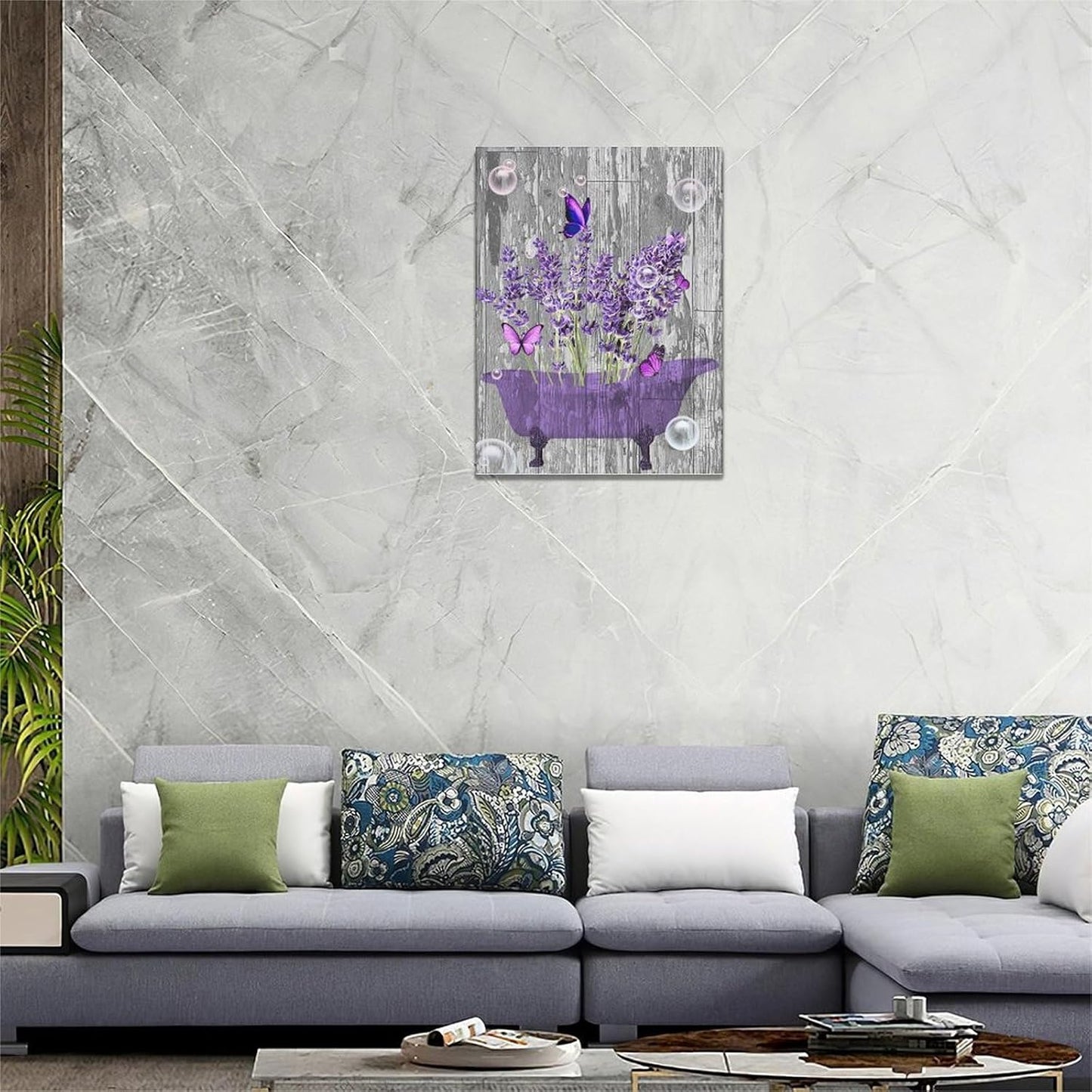 Lavender Bathroom Decor Wall Art Purple Farmhouse Bathroom Pictures for Wall Rustic Butterfly Bathtub Artwork Vintage Country Bathroom Grey White Painting Framed Bath Laundry Decorations 20"x24"