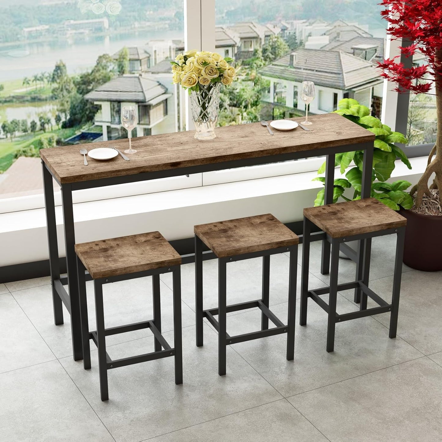 KEIKI 60.24” Long Bar High Top Dining Table and 3 Stools Chairs Set, Wood Behind Couch Sofa Counter Height Pub Furniture for Breakfast, Kitchen Living Party Room, Natural