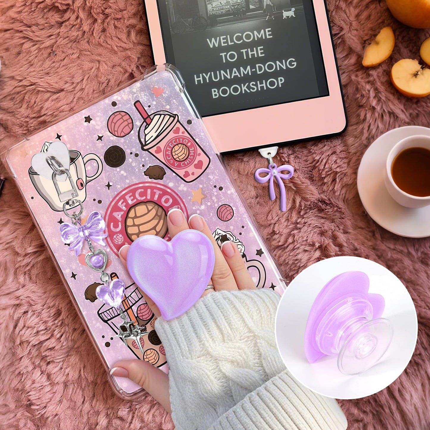 Aiersa Cute Charms Set For Kindle,Including Dust Plug Charm Type C/Usb C,Heart Grip Holder,Bling Keychains With Hook For Kindle