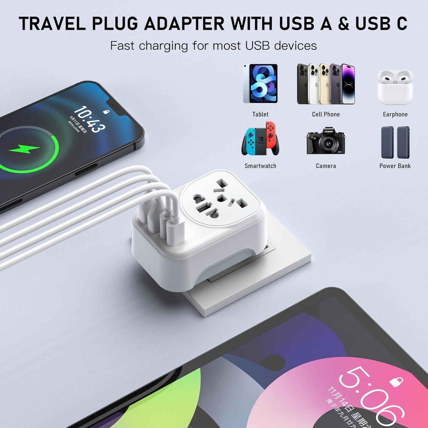World to US Canada Travel Plug Adapter,Europe/China/Japan/Australia/UK to USA Power Adapter with 2 USB A and 2 USB C Ports, Wall Outlet Power Charger Universal Travel Adapter(1 Pack)