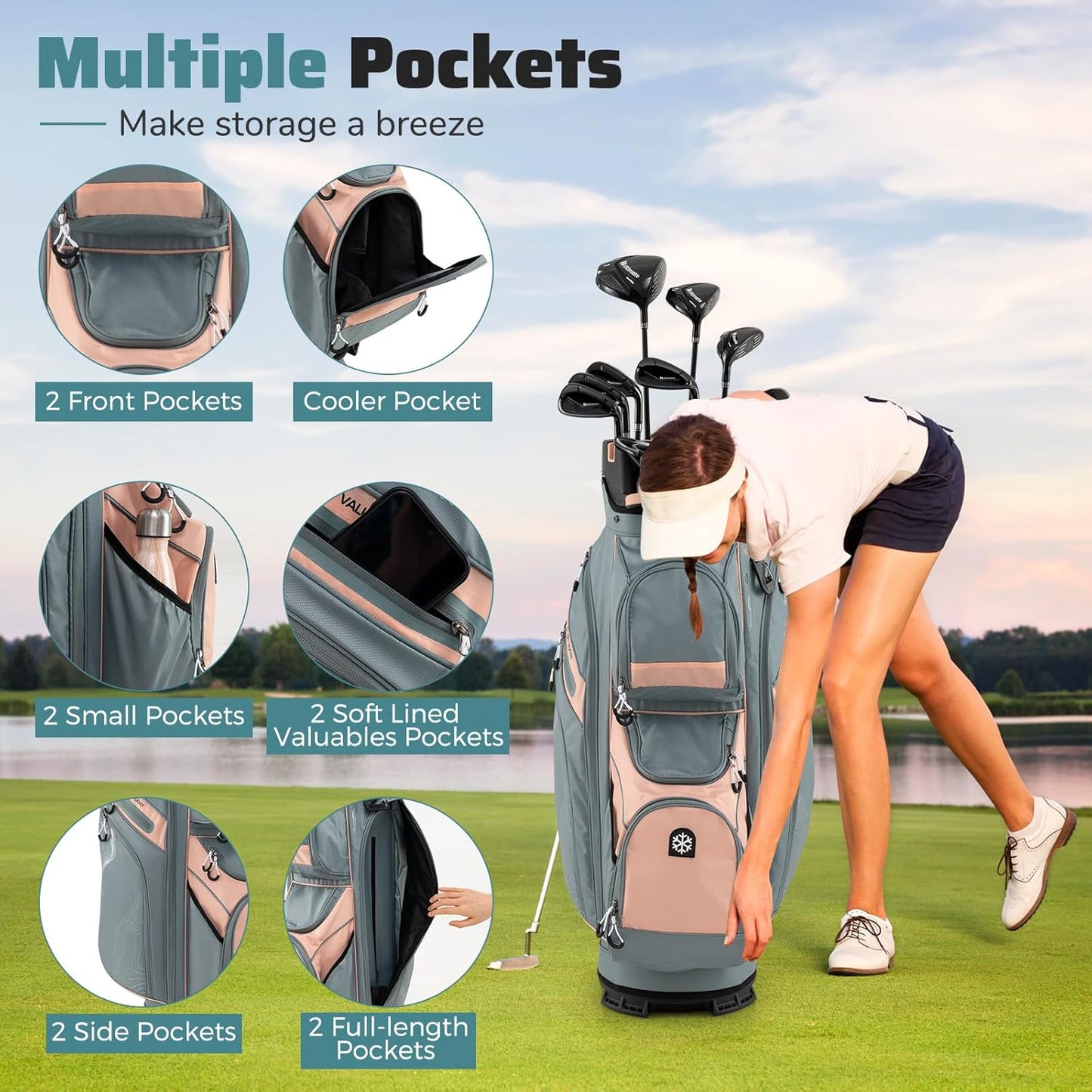Tangkula Golf Cart Bag with 14-Way Full Length Dividers, 6 Molded Lock Top Golf Club Bag with 11 Pockets, Cooler Bag, Padded Strap, Handles, Umbrella Holder & Rain Hood