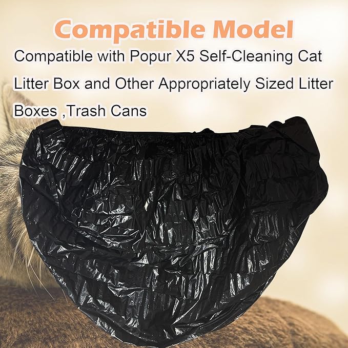 50 PCS Elastic Band Trash Bags Compatible with Popur X5 Litter Box, Litter Box Liners for Popur X5 Self-Cleaning Cat Litter Box (Black)
