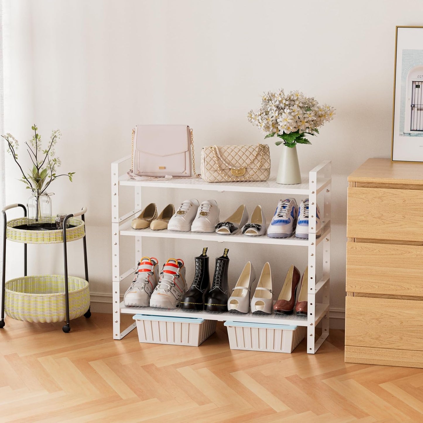 Expandable Stackable Aadjustable Shoe Rack Pantry Shelf for Kitchen Cabinets Counter Shelves Countertop Cupboard Storage Solution,Sturdy Heavy-Duty Metal Construction(3Packs/White/Large)