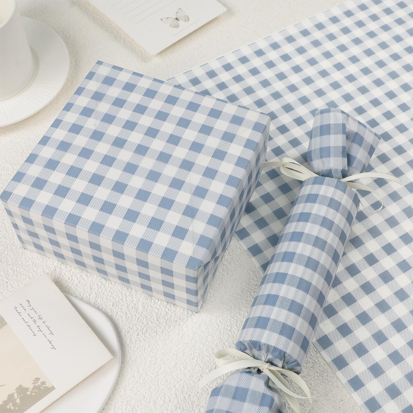 UNIQOOO 120 Sheets Dusty Blue Gingham Tissue Paper, Buffalo Plaid Gift Wrapping Tissue DIY Art Craft Tissue Paper for Wedding Birthday Baby Shower Bouquet Supplies, 20 x 14 Inch