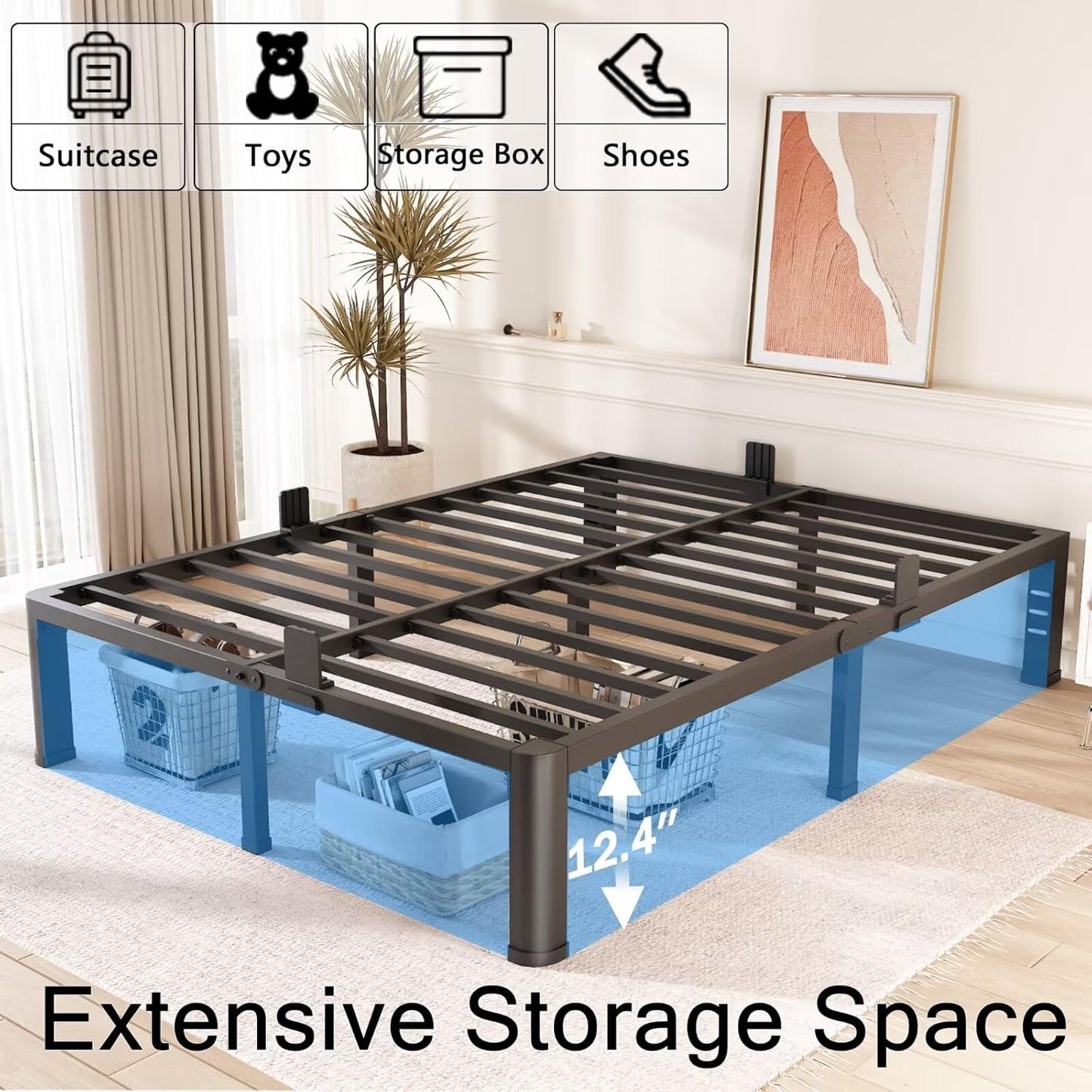 FUIOBYVV 14 Inch King Bed Frame with Rounded Corner and Headboard Hole Mattress Retainers 3500 LBS Metal Heavy Duty Steel Slats Support No Box Spring Needed Platform Noise Free Easy Assembly
