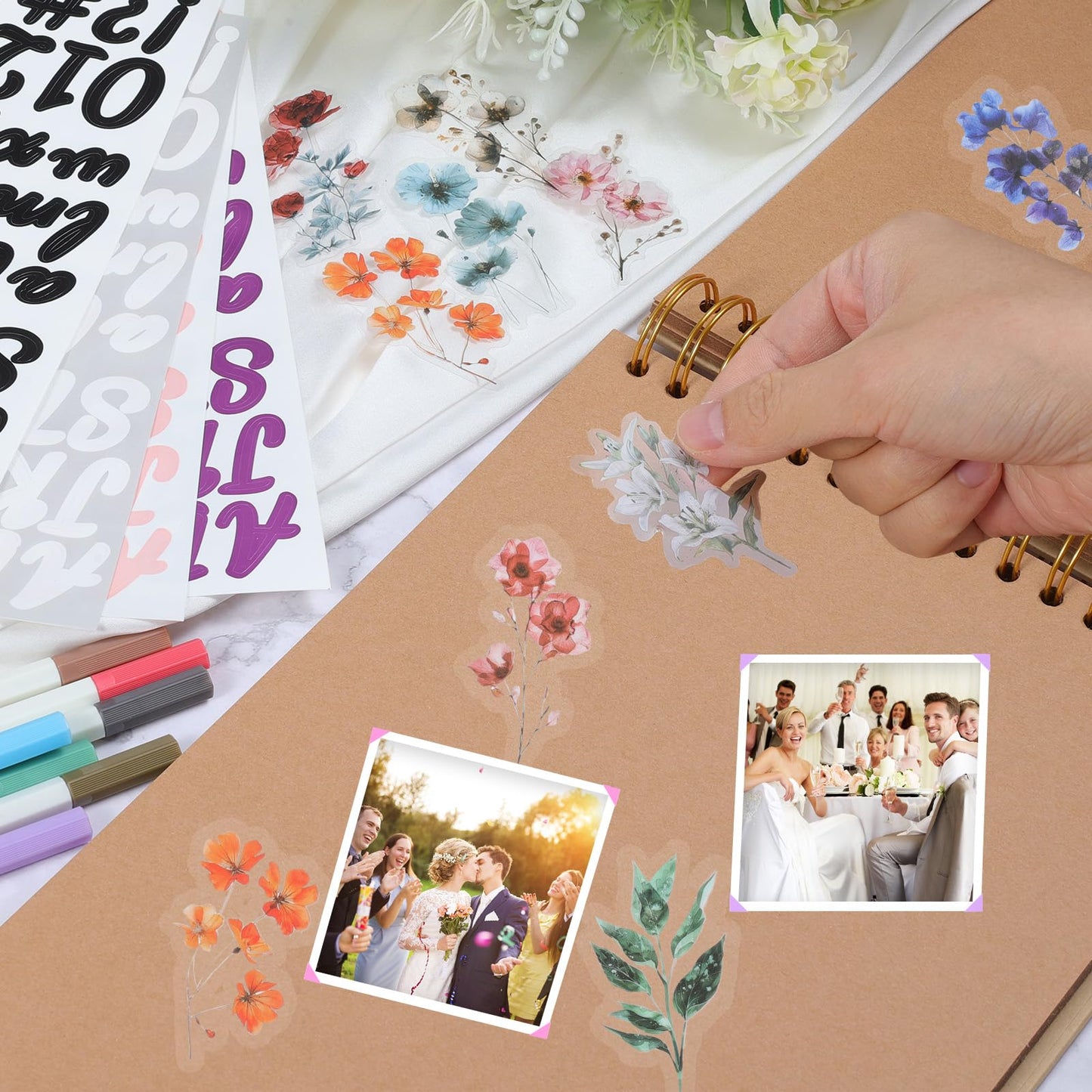12.6 x 8.3 Inch Letters to The Bride Scrapbook Wedding Memory Book Photo Album Kit with Pens Tapes Flower and Stickers 40 Pages Bridal DIY Blank Paper Scrapbook Hardcover for Lover Friend Kid Wedding