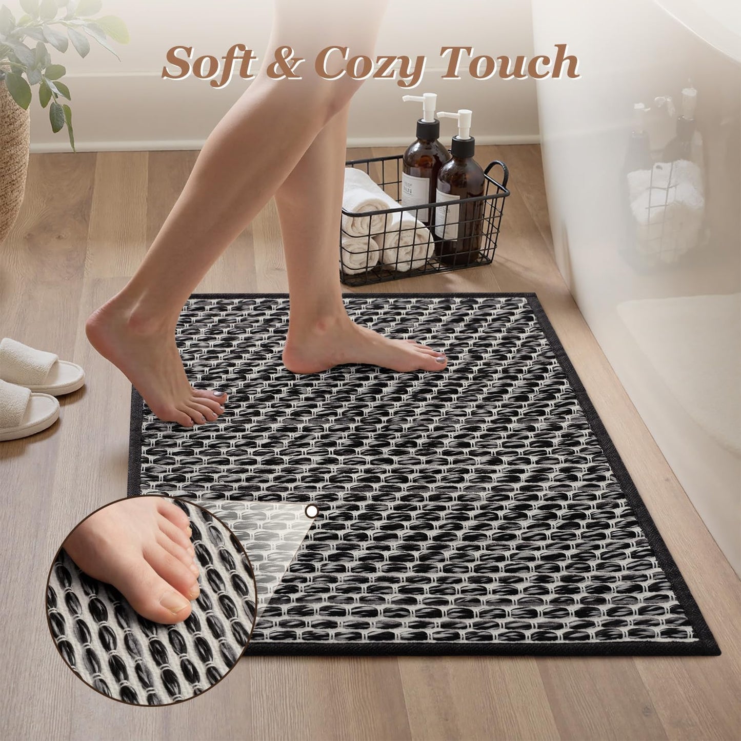 AMOAMI Unique Woven Bath Mat, Super Absorbent Non Slip Bath Mats for Bathroom Floor Textured Bathroom Mat Quick Dry Washable Bath Rug Boho Thin Rugs for Bathroom Beside Tub, 18" x 30", Black