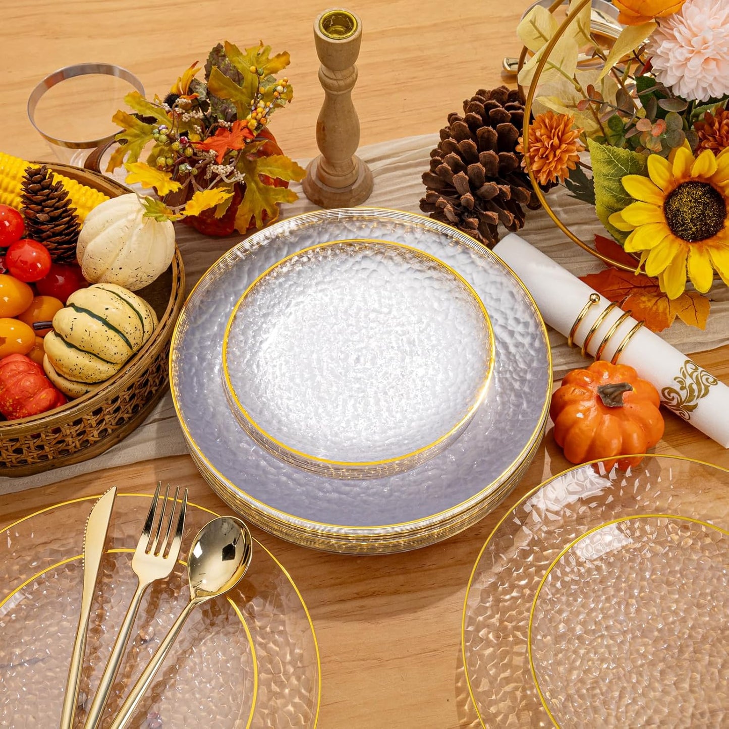 Rubtlamp 60Pcs Clear Plastic Plates,Clear Disposable Plates With Gold Rim,Heavy-duty Gold Plates,Hammered Party Plates Include 30Clear Dessert-Platos,30Dinner-Platos for Wedding, Party&Thanksgiving