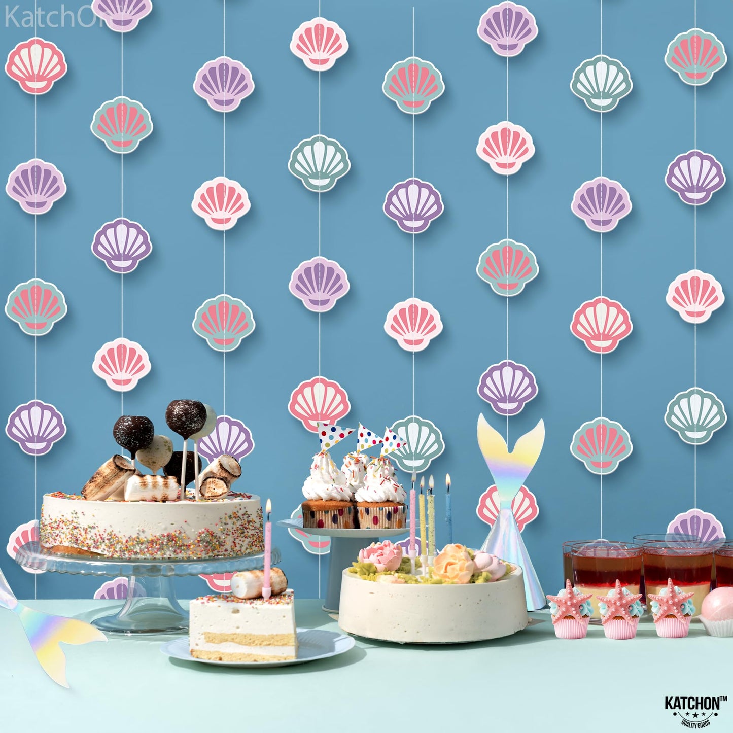 KatchOn, Seashell Banner Garland - 6.5 Feet, 8 Strings | Seashell Under The Sea garland, Under The Sea Party Decorations | Mermaid Garland, Mermaid Birthday Decorations, Ocean Themed Party Decorations