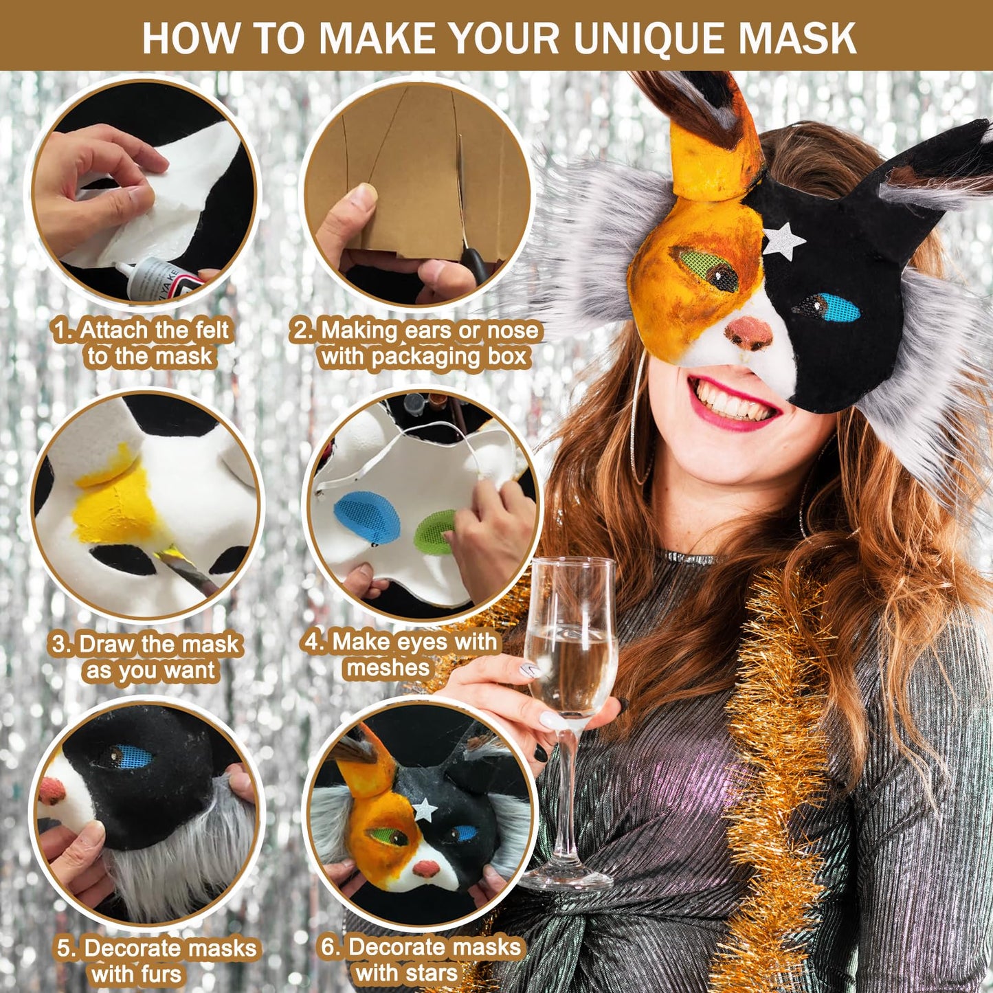 OPPKIE Cat Fox Therian Masks 42PCS with Felt Furs Eye Meshes and Stars, Costume Furry Masks to Paint, Animal Mask Arts Crafts Kit, Dress Up DIY for Halloween Christmas Cosplay Party Interaction