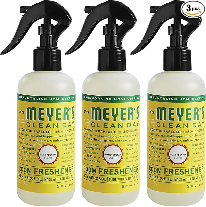 MRS. MEYER'S CLEAN DAY Room and Air Freshener Spray, Non-Aerosol Spray Bottle Infused with Essential Oils, Honeysuckle, 8 fl. oz - Pack of 3
