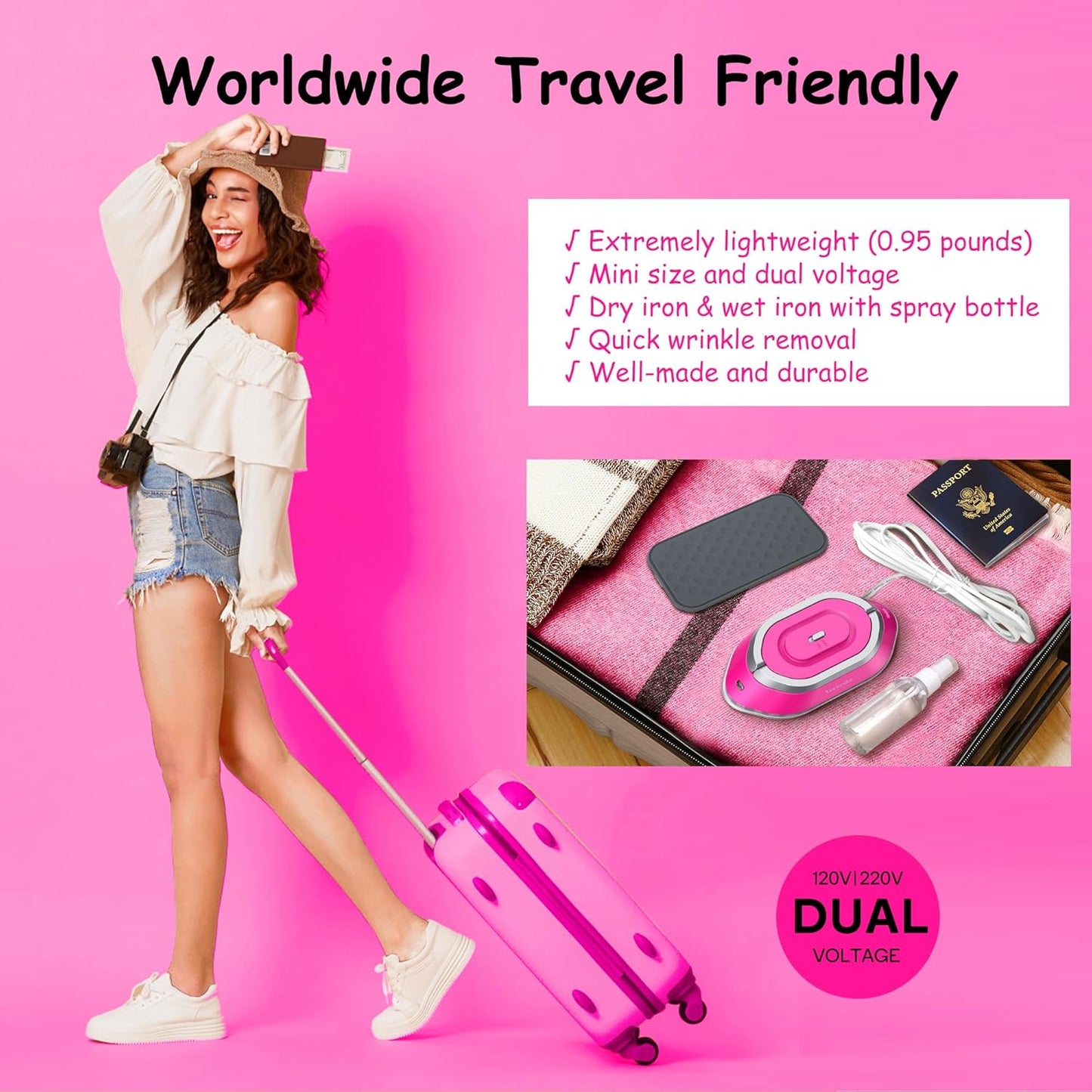 Newbealer Travel Iron with Dual Voltage - 120V/220V Lightweight Dry Iron for Clothes (No Steam), Non-Stick Ceramic Soleplate, 302℉ Heat Press Machine, w/Spray Bottle, Pouch & Silicone Stand (Hotpink)