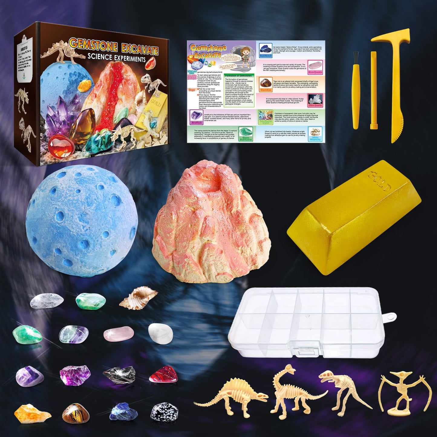 UNGLINGA Gemstone Excavation Gem Rock Dig Science Experiments Kit for Kids, Excavate 15 Gems and 4 Plastic Dinosaur Fossil Skeletons, Christmas Birthday Toys Gifts Idea for Girls and Boys