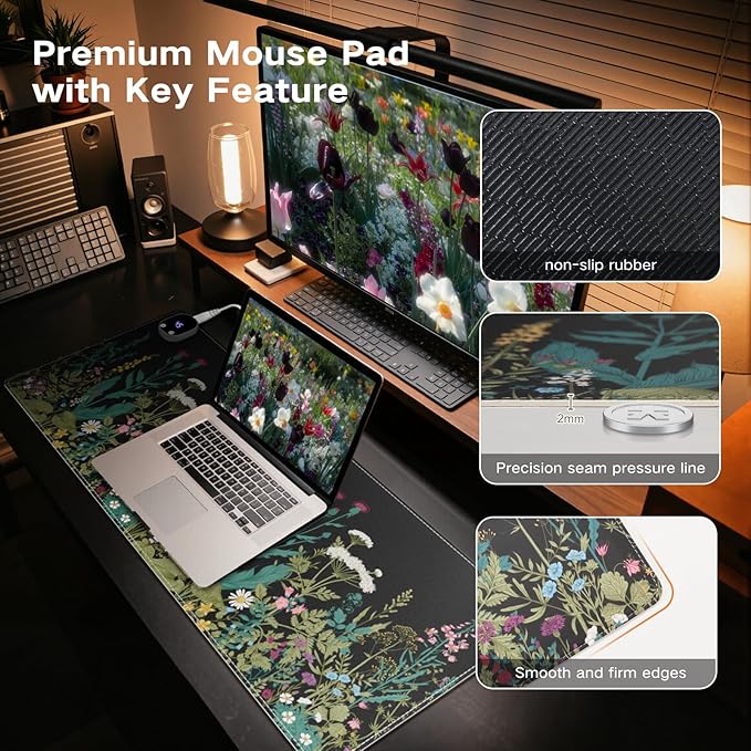 iCasso Heated Desk Pad,Heated Mouse Pad Hand Warmer, XXL Mousepad, Desk Protector Mat with 4 Heating Levels for Computer Keyboard, 35.4" x 15.7" Large Mousepad for Home Office Work (Weeds)